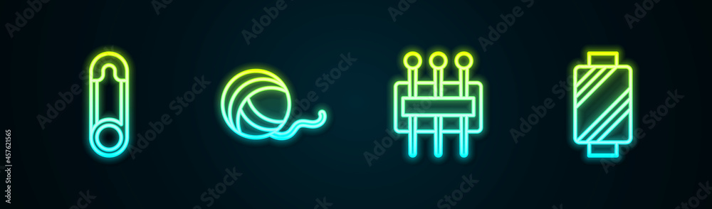 Set line Safety pin, Yarn ball, Needle for sewing and Sewing thread on spool. Glowing neon icon. Vector