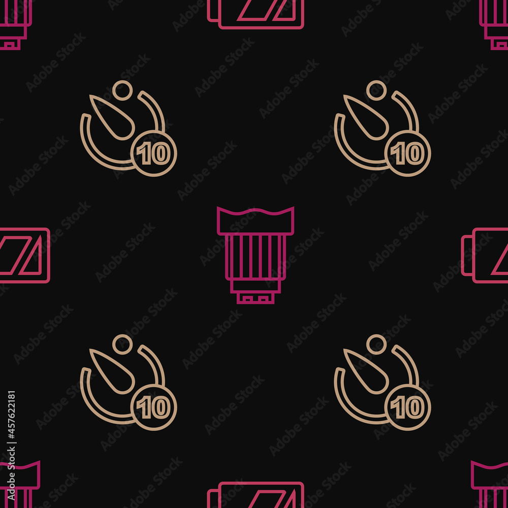 Set line Battery for camera, Camera timer and photo lens on seamless pattern. Vector