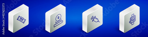 Set Isometric line Construction bubble level, Diameter, Syringe and Smart watch icon. Vector