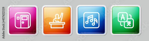 Set line School classroom, Male kid raising hand, Music note, tone and Translator. Colorful square button. Vector