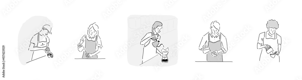 Cafe barista vector illustration set. Hand-drawn icon collection of people at cafe. Making coffee. Brewing coffee. 