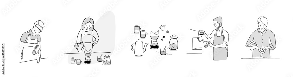 Cafe barista vector illustration set. Hand-drawn icon collection of people at cafe. Making coffee. Brewing coffee. Cafe barista vector illustration set. Hand-drawn icon collection of people at cafe. Making coffee. Brewing coffee.