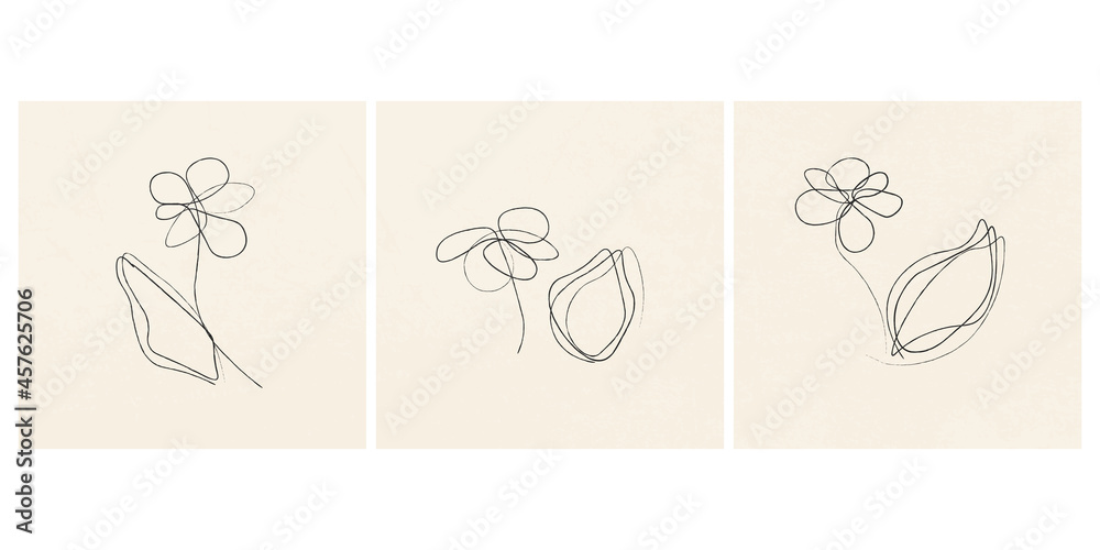 Fototapeta premium Set of cards with illustration of pencil drawing flowers. Line style. Design for card, logo, posters, invitation