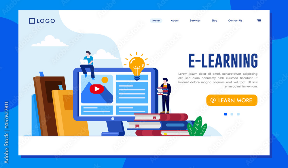 e-learning concept, online education, seminar or webinar, tutorial, teaching, flat illustration vector banner