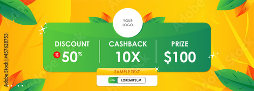 green and yellow leaves jungle forest discount and vouher coupons for cashback and redeem code travel and marketplace agency pop up banner in website and landing page