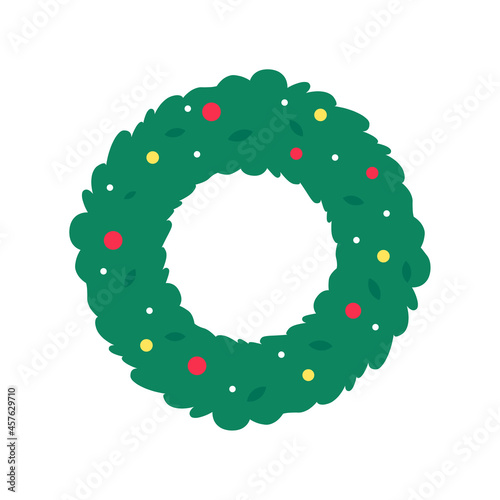 Christmas wreath vector. Winter garland adorned with red holly berries on green pine branches.