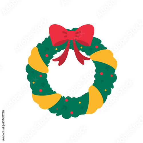 Christmas wreath vector. Winter garland adorned with red holly berries on green pine branches.
