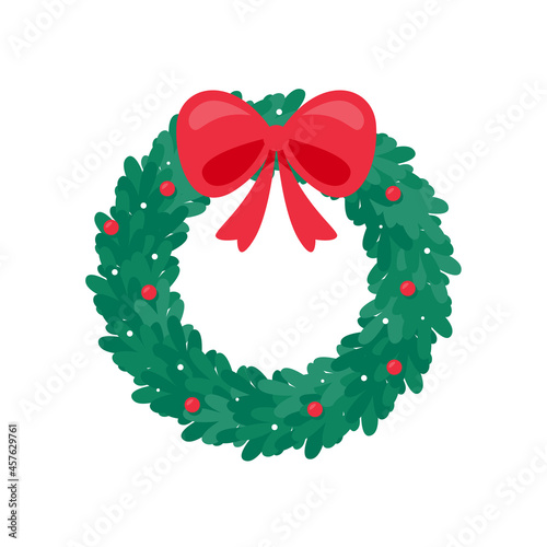 Christmas wreath vector. Winter garland adorned with red holly berries on green pine branches.