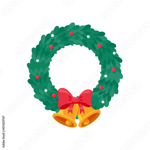 Christmas wreath vector. Winter garland adorned with red holly berries on green pine branches.
