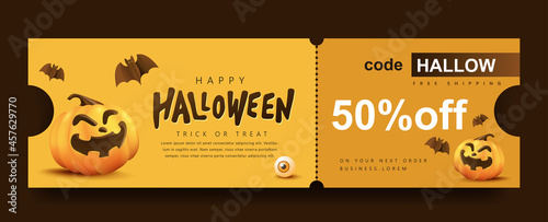 Halloween Gift promotion Coupon banner or party invitation background with pumpkin funny faces 