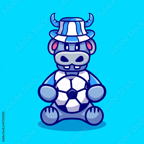 cute hippo football supporter with ball and hat