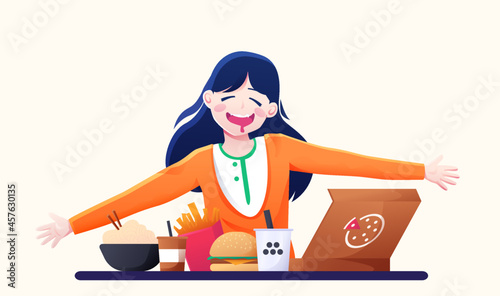 A girl eating with a happy drolling face. Burger, pizza, french fries, noddle, coffee, and boba tea on the table. flat vector illustration photo