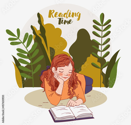 Cute girl reading a book in the garden. Nature landscape background. Summer holidays illustration. Vacation time stock