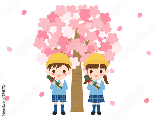 桜の木の前に立ち卒園証書を持つ子どものイラスト