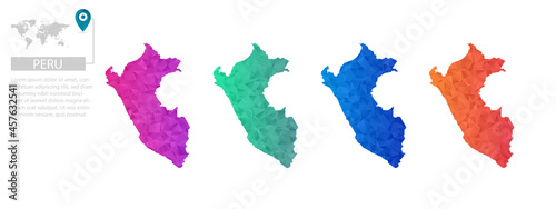 Set of vector polygonal Peru maps. Bright gradient map of country in low poly style. Multicolored country map in geometric style for your