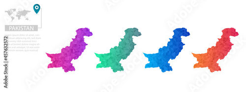 Set of vector polygonal Pakistan maps. Bright gradient map of country in low poly style. Multicolored country map in geometric style for your