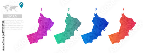 Set of vector polygonal Oman maps. Bright gradient map of country in low poly style. Multicolored country map in geometric style for your