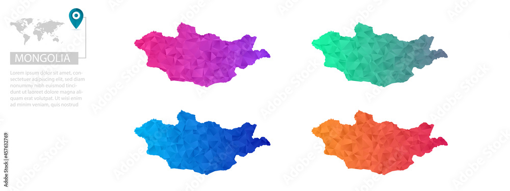 Set of vector polygonal Mongolia maps. Bright gradient map of country in low poly style. Multicolored country map in geometric style for your