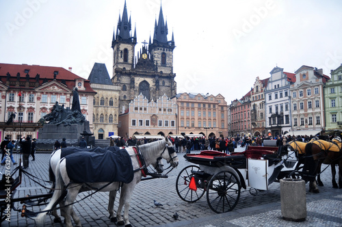 Czechia wait and ride classic antiques vintage retro horse drawn carriages for Czech people and foreign travelers use service visit tour Praha Old Town on December 11, 2016 in Prague, Czech Republic