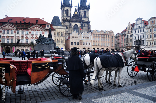 Czechia wait and ride classic antiques vintage retro horse drawn carriages for foreign travelers use service visit tour Praha Old Town at Prague Castle on December 11, 2016 in Prague, Czech Republic