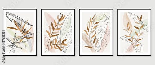 Botanical wall art vector set. Water color boho foliage line art drawing with  abstract shape.  Abstract Plant Art design for print, cover, wallpaper, Minimal and  natural wall art.