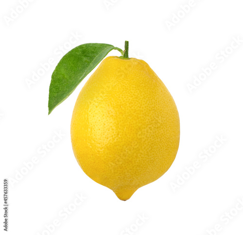 Ripe lemon with leaves isolated on white background, fresh lemon fruit.