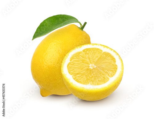 Lemon fruit and sliced with leaves isolated on white background.