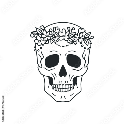 Contour image of a human skull decorated with a wreath of wildflowers.
