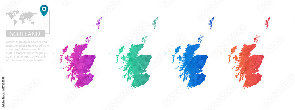 Set of vector polygonal Scotland maps. Bright gradient map of country in low poly style. Multicolored country map in geometric style for your Set of vector polygonal Scotland maps. Bright gradient map of country in low poly style. Multicolored country map in geometric style for your
