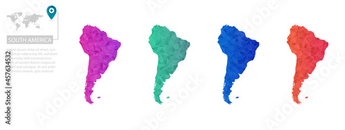 Set of vector polygonal South America maps. Bright gradient map of country in low poly style. Multicolored country map in geometric style for your