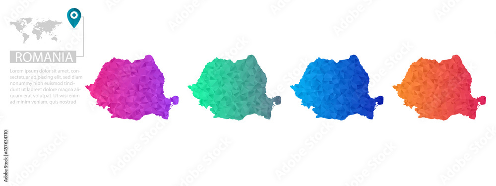 Vetor de Set of vector polygonal Romania maps. Bright gradient map of ...