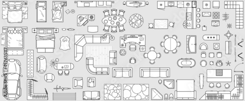 Set top view for interior icon design. Floor plan. Architecture plan with furniture in top view. The layout of the apartment, technical drawing kitchen, living room and bedroom. Vector Illustration.