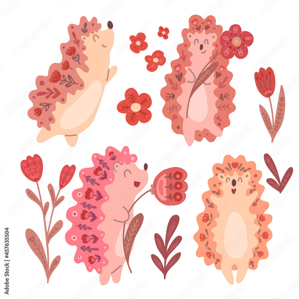 Set of cute dancing hedgehogs with flowers and folk decoration isolated from background. Delicate vector animals and floral ornament. Card and poster for the nursery