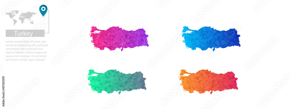 Set of vector polygonal Turkey maps. Bright gradient map of country in low poly style. Multicolored country map in geometric style for your Set of vector polygonal Turkey maps. Bright gradient map of country in low poly style. Multicolored country map in geometric style for your