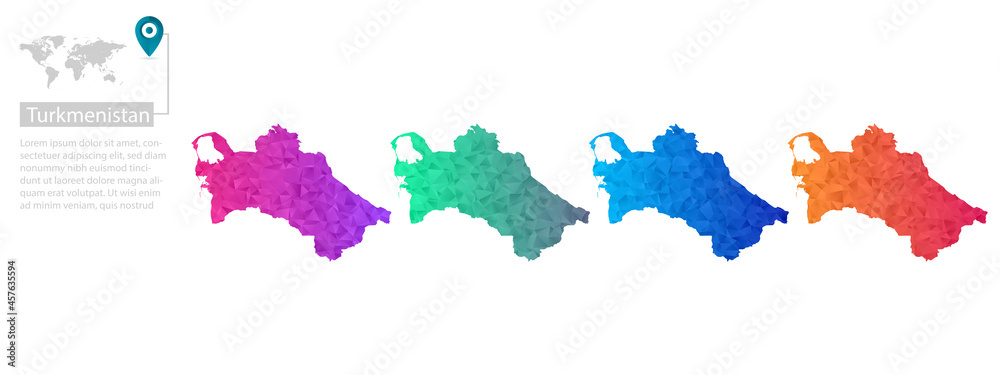 Set of vector polygonal Turkmenistan maps. Bright gradient map of country in low poly style. Multicolored country map in geometric style for your