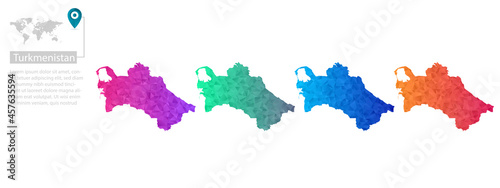 Set of vector polygonal Turkmenistan maps. Bright gradient map of country in low poly style. Multicolored country map in geometric style for your