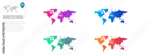 Set of vector polygonal World maps. Bright gradient map of country in low poly style. Multicolored country map in geometric style for your