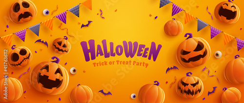 Halloween Party. Group of 3D illustration Jack O Lantern pumpkin on treat or trick fun party celebration background design.