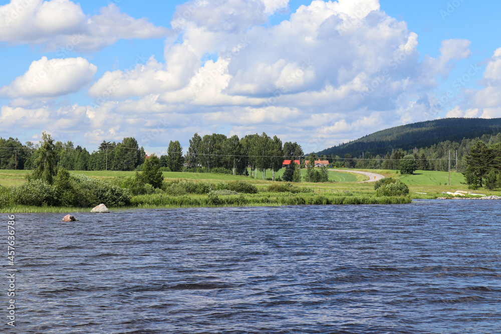 Lake and surrounded landscape in a sunny summer day, Swedish countryside
