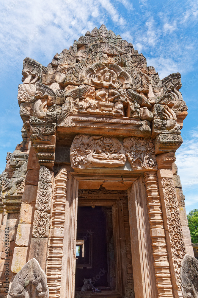 The gate in Prasat Phanomrung, Bruriram, Thailand, which is an ancient Khmer-style temple complex built during the 10th -13th century, showing the pediment of Shiva God and the lintel of Vishnu God.