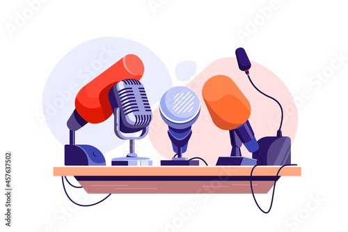 Press conference with microphone on tribune