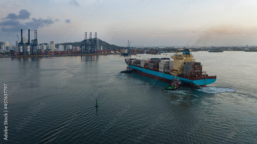 Cargo ship on the sea arriving at port, Cartagena de Indias, Colombia