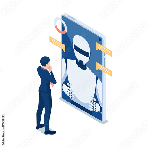 Isometric Businessman Talking with Chat Bot in Smartphone