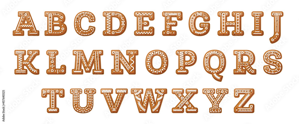 Gingerbread Cartoon Alphabet Isolated on White. English Letters.