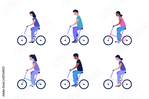 Set of woman and man on bicycles