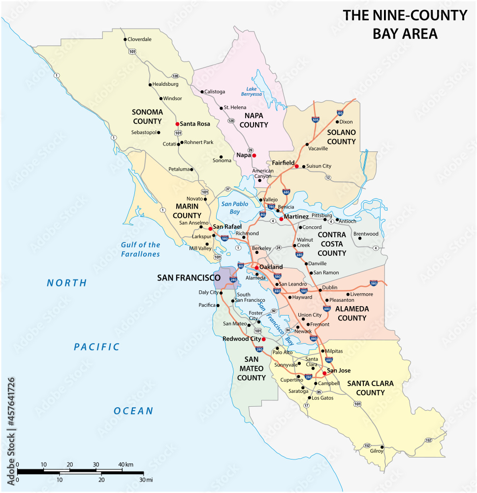 Administrative and road map of the California region San Francisco Bay Area