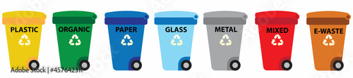 Recycling bins. Containers with separated garbage. Trash cans for plastic, glass, paper and organic. Segregate waste vector illustration. Garbage recycling, organic recycle box for trash material