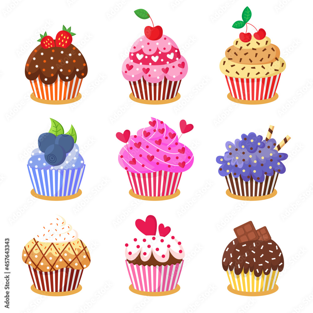 Set of cute delicious cupcakes and muffins. Cakes vector illustrations design Set of cute delicious cupcakes and muffins. Cakes vector illustrations design