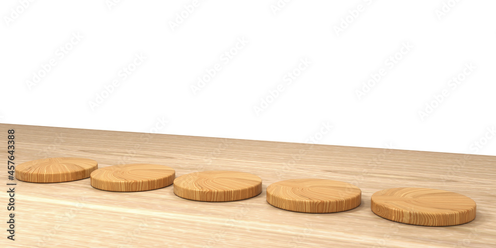 3D rendering of five round wooden placemats as a podium for food or drink with wooden table on white background