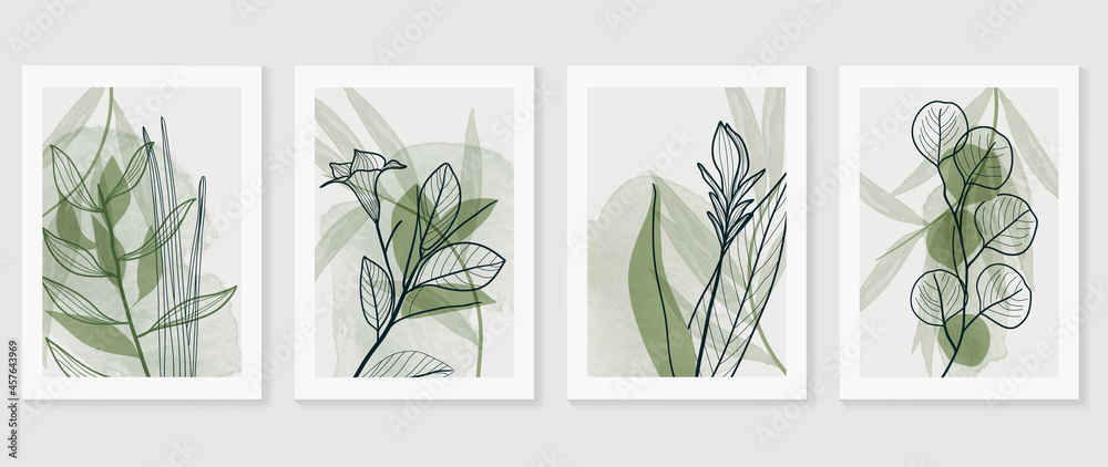 Botanical wall art vector set. Water color boho foliage line art ...